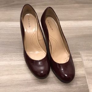 Burgundy patent leather pumps